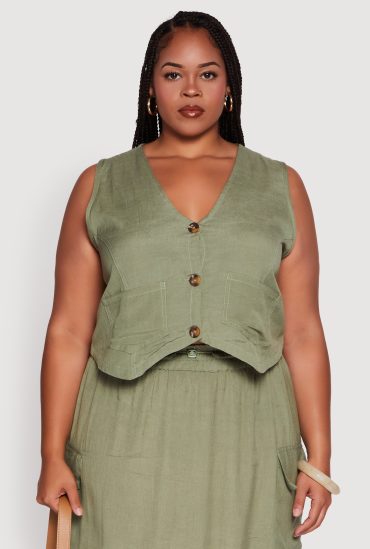Plus Size Linen V-Neck Cropped Vest