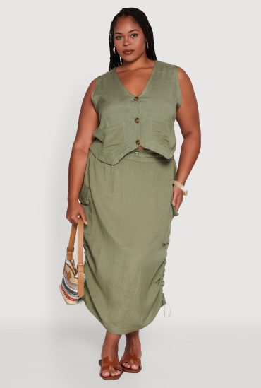 Plus Size High Waisted Toggle Drawstring Hem Linen Skirt with Ruching