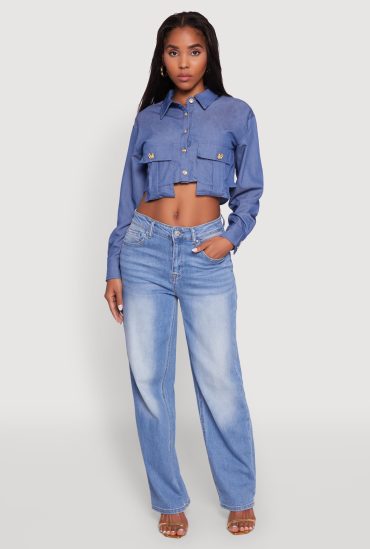 Classic Fit Long Sleeve Cropped Shirt with Flap Pocket