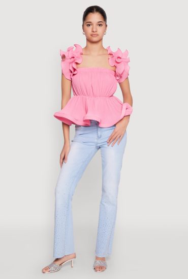 Ruffle Sleeve Plisse Peplum Top