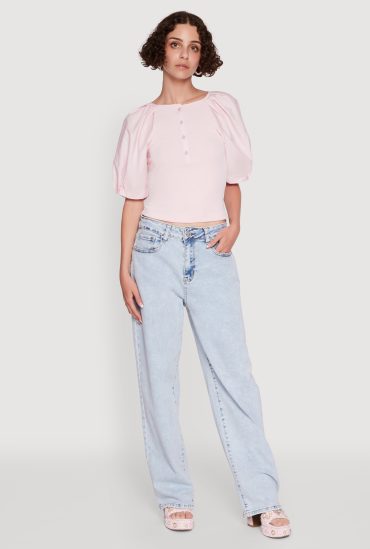 Rib Knit Puff Sleeve Henley Top