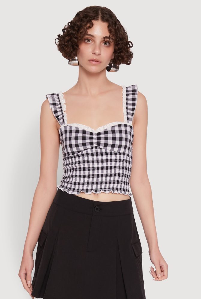 Chic Lace Trim Gingham Smocked Blouse - Image 2