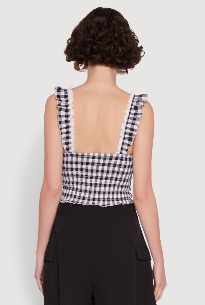 Chic Lace Trim Gingham Smocked Blouse - Image 6