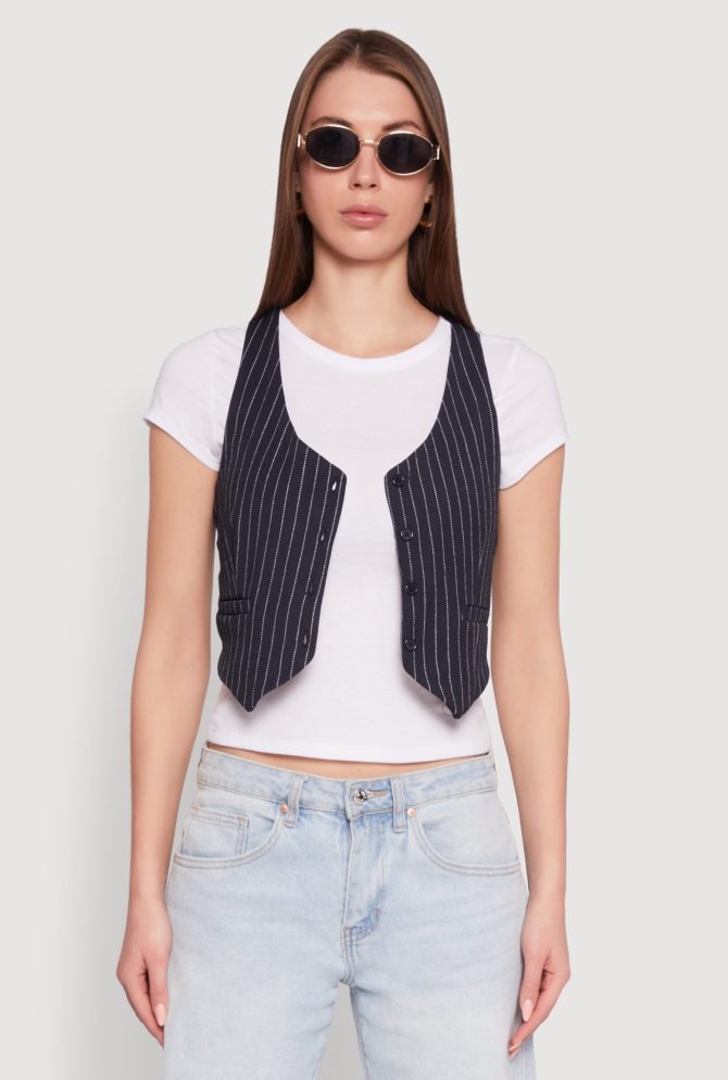 Crew Neck Tee with Stylish Pinstripe Vest - Image 2