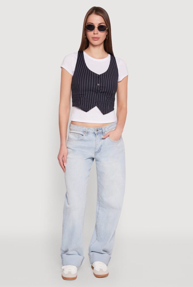 Crew Neck Tee with Stylish Pinstripe Vest - Image 3
