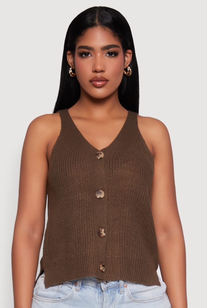 Chic Knit V Neck Button Front Sleeveless Sweater Vest - Image 2