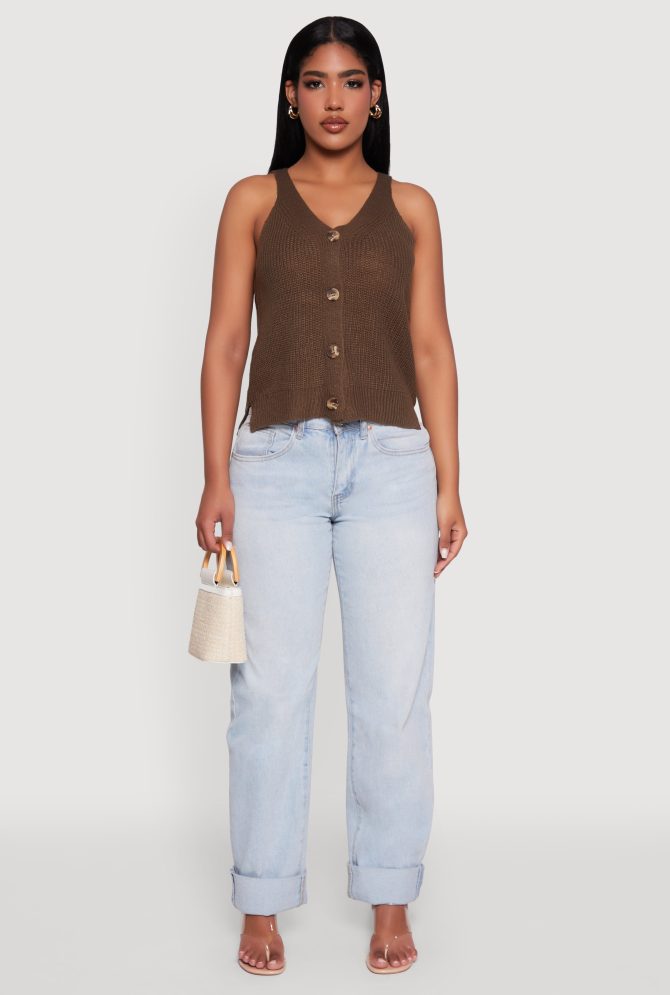 Chic Knit V Neck Button Front Sleeveless Sweater Vest - Image 3