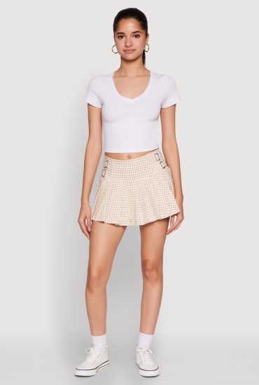 Almost Famous Buckle Detail Gingham Pleated Skort