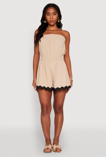 Chic Scalloped Contrast Trim Strapless Romper