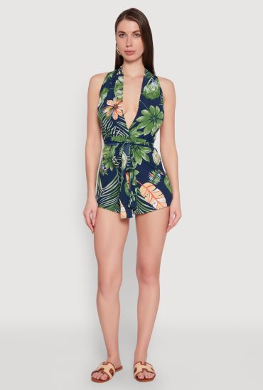 Haute Monde Tropical Print Tie Waist Romper