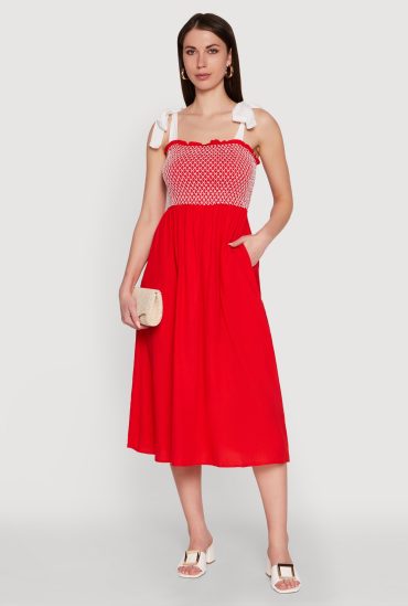 Tie Shoulder Fishnet Detail Midi Dress
