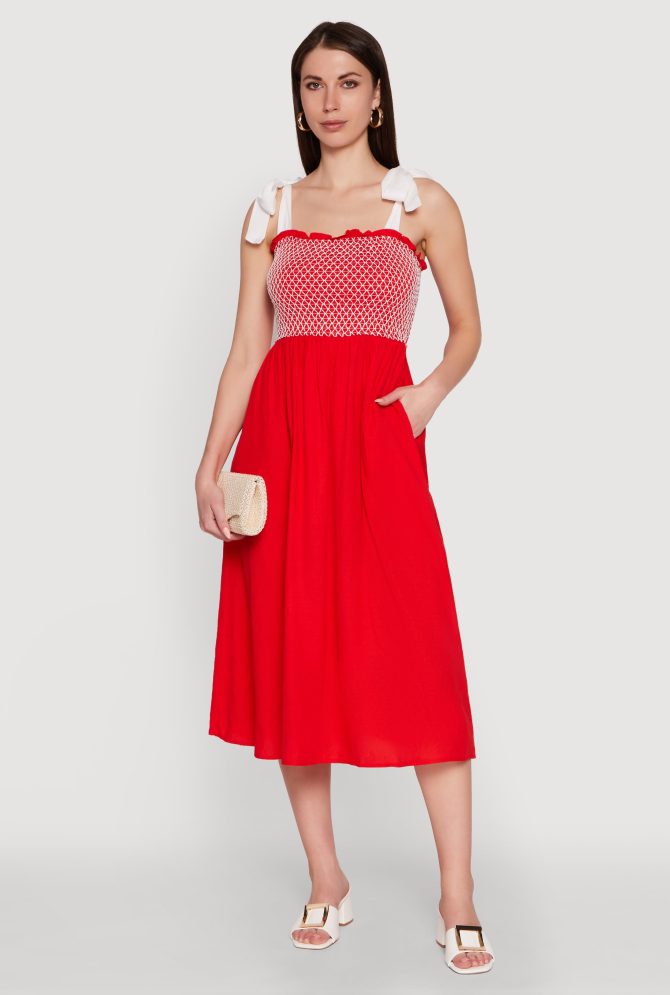 Tie Shoulder Fishnet Detail Midi Dress