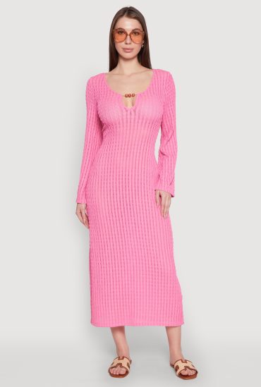 Textured Knit Beaded Keyhole Shadow Stripe Dress