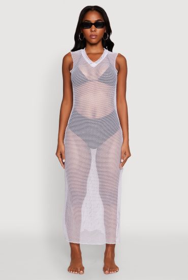 V Neck Side Slit Fishnet Cover Up Dress