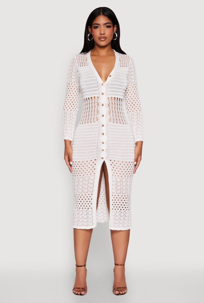 Pointelle Crochet Button Front Midi Dress - Image 2