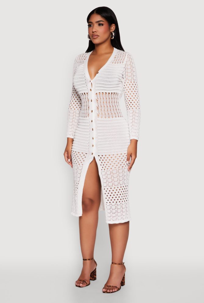 Pointelle Crochet Button Front Midi Dress - Image 3