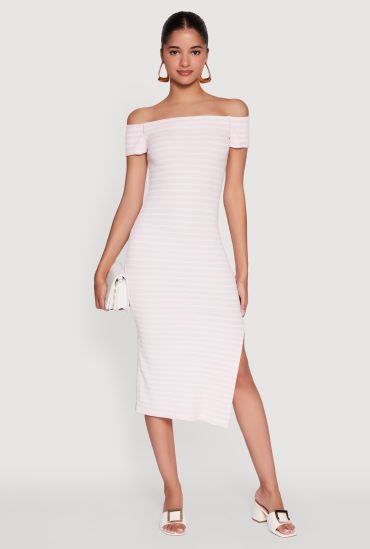 Ribbed Knit Side Slit Striped Midi Dress