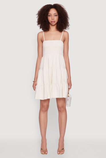 Madden Girl Linen Tiered Sundress with Smocked Square Neck