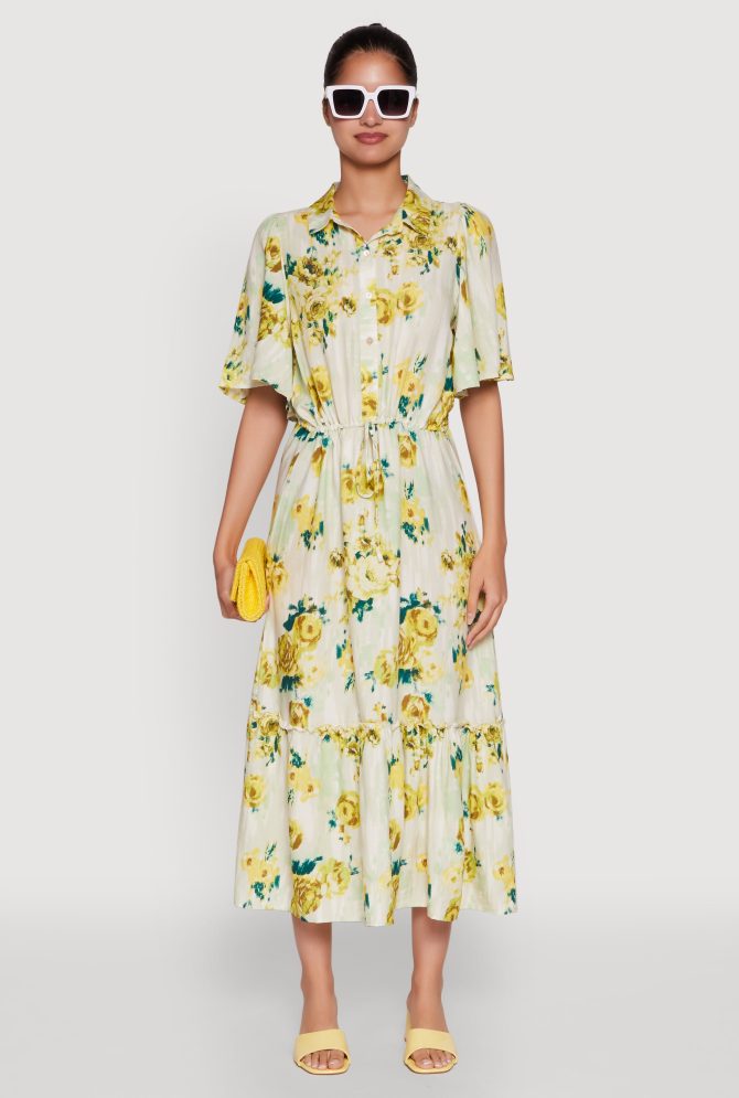 Floral Print Tiered Shirt Dress with Flounce Sleeves - Image 2