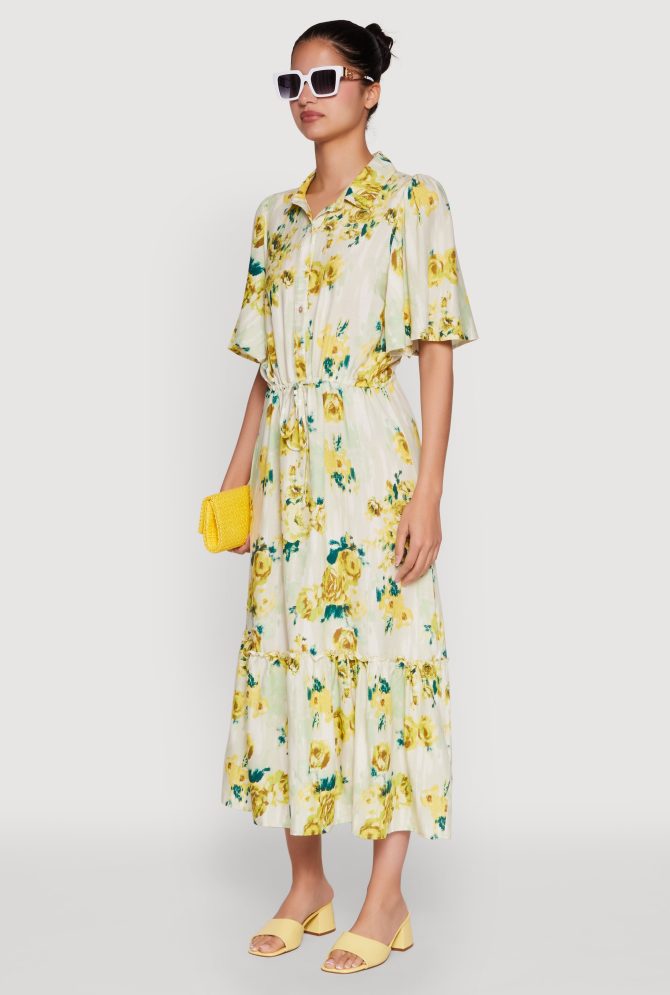 Floral Print Tiered Shirt Dress with Flounce Sleeves - Image 3