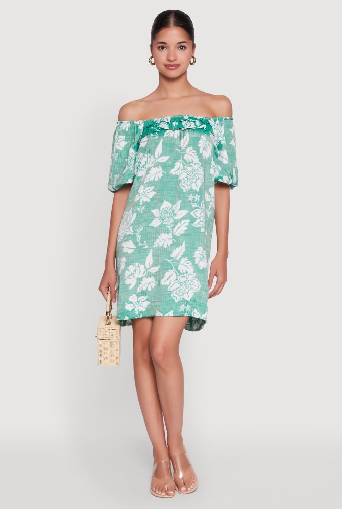 Floral Off Shoulder Bubble Sleeve Shift Dress with Ruffles - Image 2