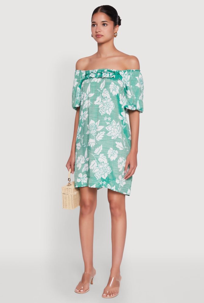 Floral Off Shoulder Bubble Sleeve Shift Dress with Ruffles - Image 3