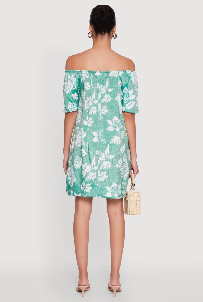 Floral Off Shoulder Bubble Sleeve Shift Dress with Ruffles - Image 5
