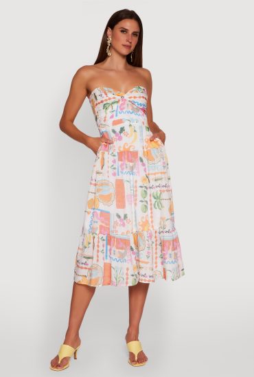 Tropical Print Tiered Twist Front Midi Dress