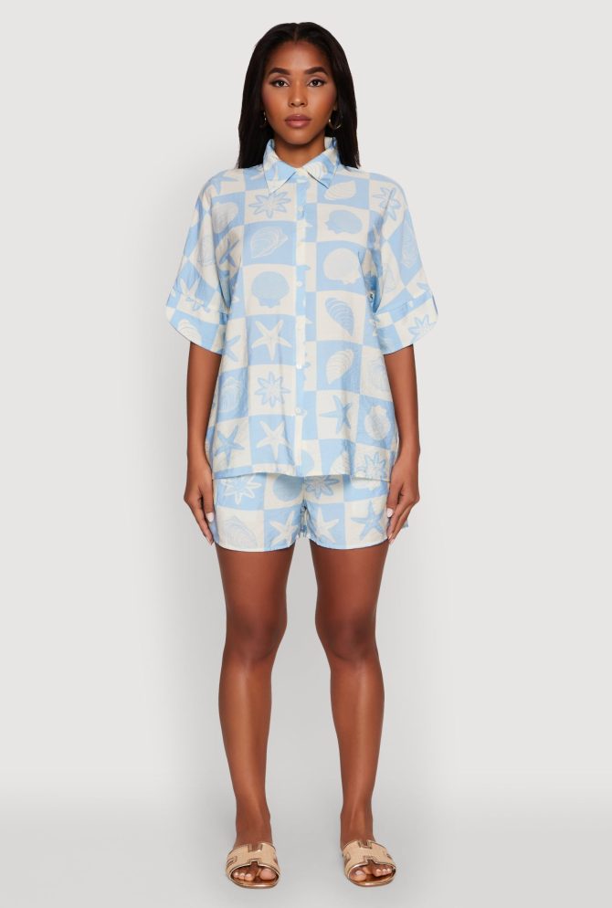 Trendy Crepe Knit High Waisted Beach Print Shorts - Image 2