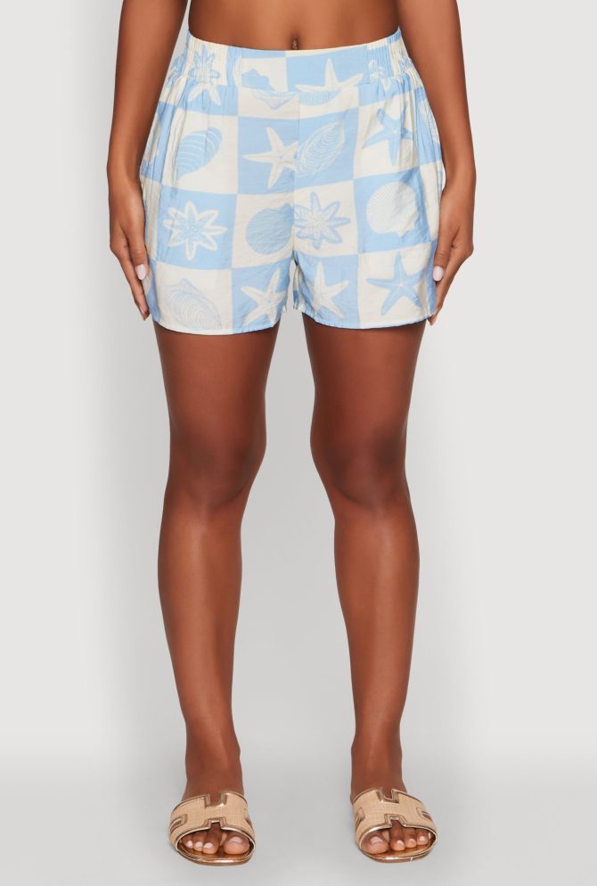 Trendy Crepe Knit High Waisted Beach Print Shorts - Image 3