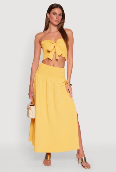 Smocked High Waist Side Slit Skirt