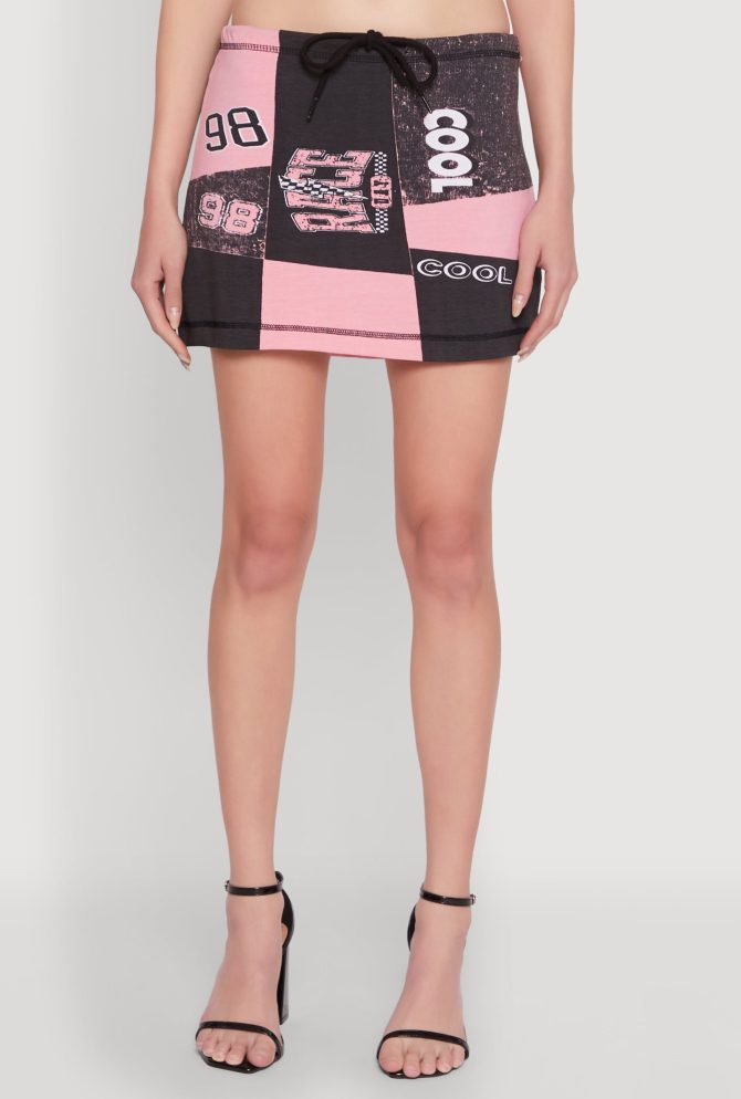 Race Day Patchwork Print Mini Skirt with Drawstring Waist - Image 3