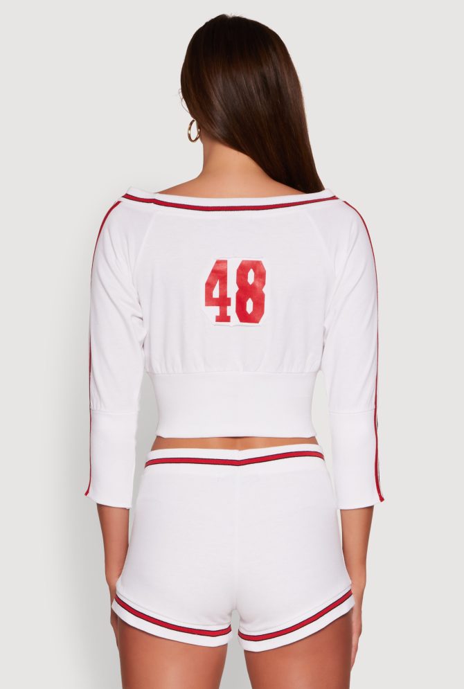 Trendy French Terry 48 Graphic Varsity Stripe Crop Sweatshirt - Image 6