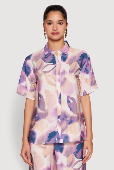 Abstract Leaf Print Button Front Shirt