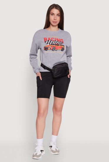 Trendy Racing Graphic Sweatshirt with Biker Shorts and Fanny Pack