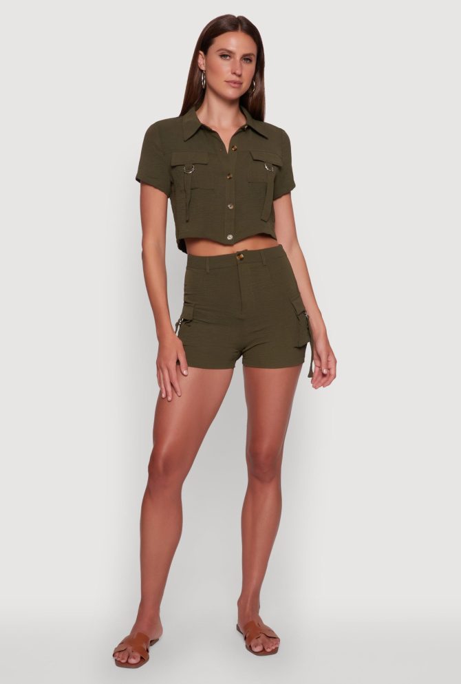 Crepe Knit Metallic D Ring Button Front Cropped Shirt - Image 2