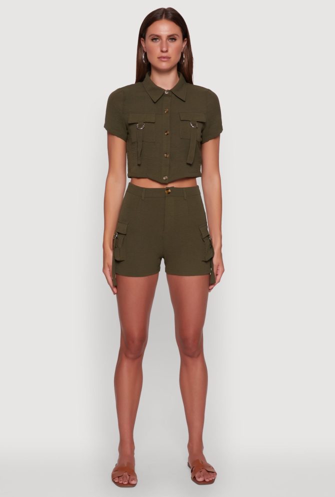Crepe Knit Metallic D Ring Button Front Cropped Shirt - Image 3