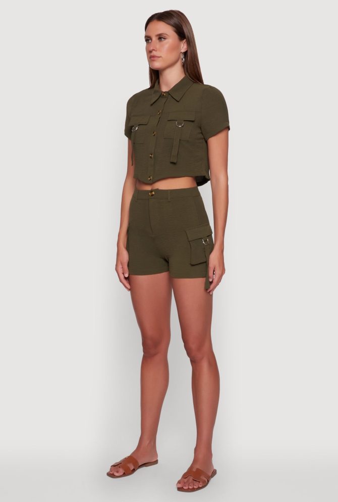 Crepe Knit Metallic D Ring Button Front Cropped Shirt - Image 5