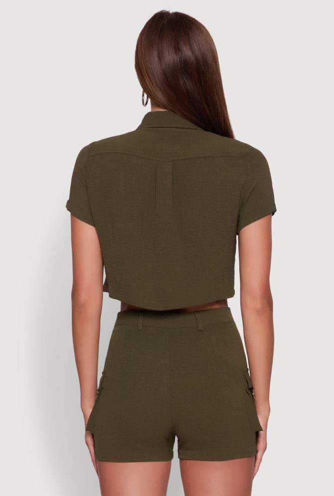 Crepe Knit Metallic D Ring Button Front Cropped Shirt - Image 6