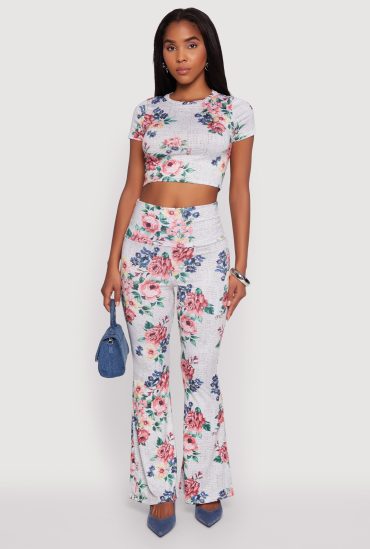 Floral Print High Waisted Flare-Leg Pants