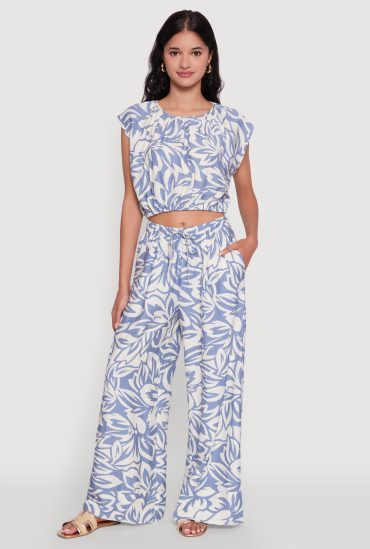 Crepe Knit Floral Palazzo Pants with Drawstring Waist
