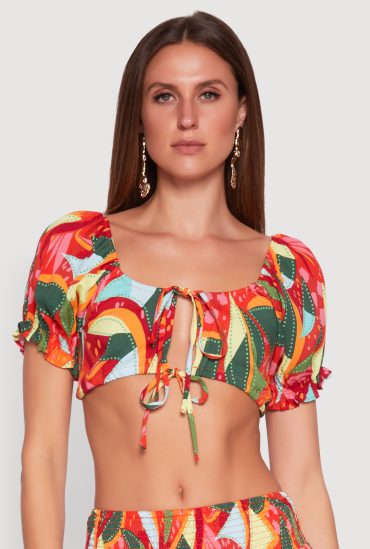 Abstract Print Drawstring Keyhole Crop Top