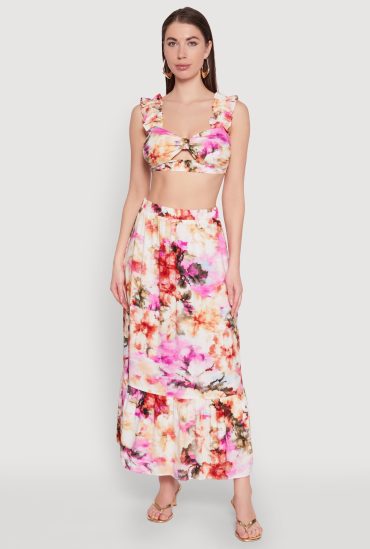 High Waisted Floral Print Tiered Skirt