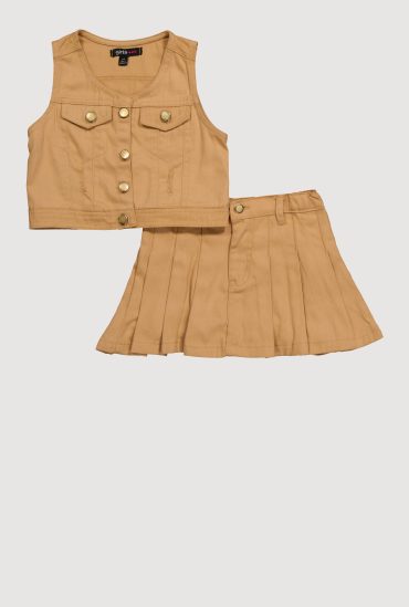 Stylish Button Front Vest and Pleated Skirt