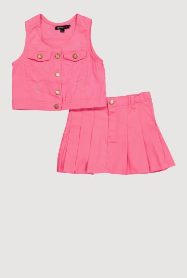 Stylish Button Front Vest and Pleated Skirt