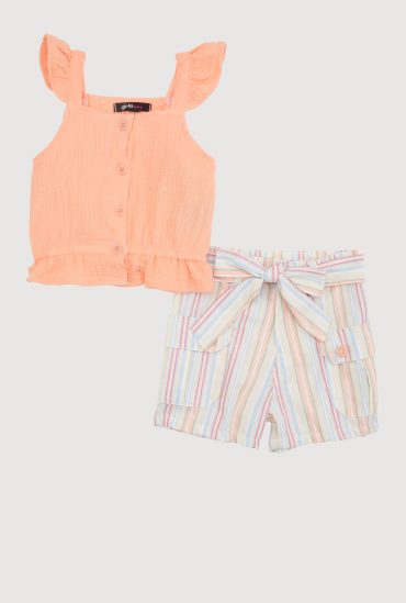 Toddler Girls Gauze Knit Ruffle Peplum Top and Striped Shorts Set