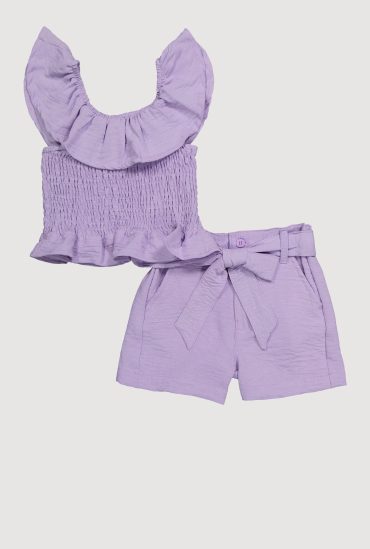 Toddler Girls Chic Crepe Knit Smocked Top and Tie Waist Belted Shorts