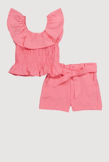 Toddler Girls Chic Crepe Knit Smocked Top and Tie Waist Belted Shorts
