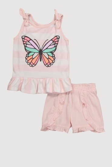Toddler Girls Striped Glitter Butterfly Peplum Top and Ruffle Trim Shorts