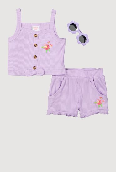 Toddler Girls Flower Detail Tank Top and Shorts with Sunglasses